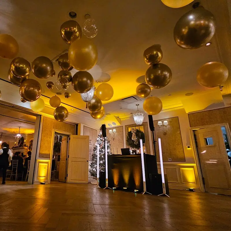 Michael Sage DJ booth at a corporate holiday party